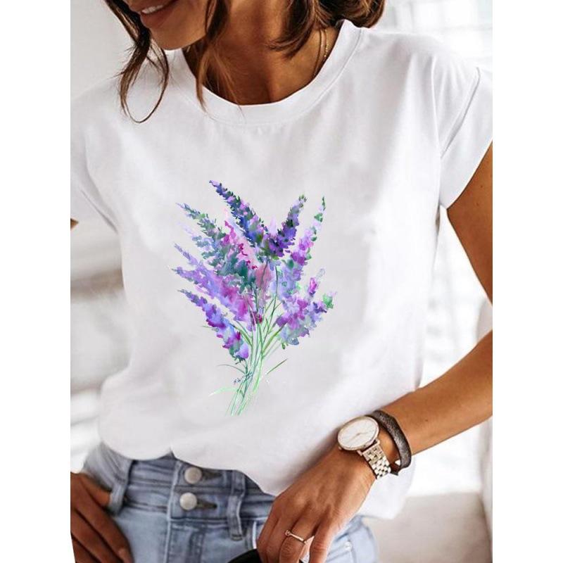 Spring Summer Women's Clothing Love Flower Plant Printed Casual Simple Trendy Top Round Neck Pure Cotton Short Sleeved T-Shirts Women’s