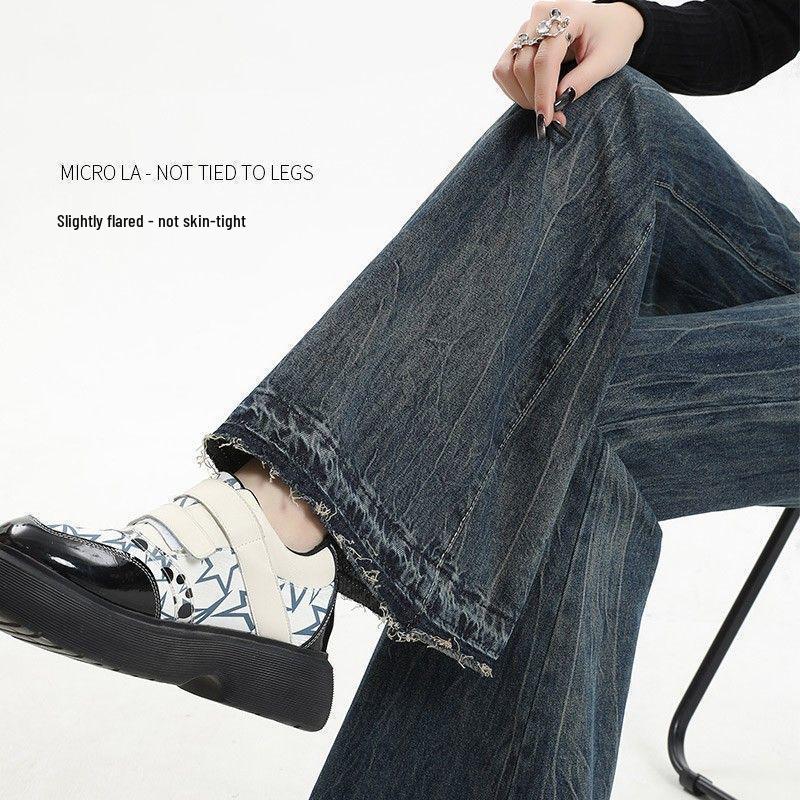Vintage High-Waisted Non-Clingy Micro-Flare Jeans for Women with Slimming Loose Fit, Fleece-Lined, Raw Edge, Floor-Length, Autumn/Winter Style