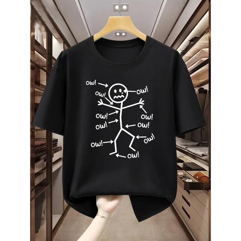 

European Size Comfortable Short-Sleeved T-Shirt for Summer with a Round Neck, Featuring a Stick Figure in Pain with The Print Ow! 4XL чорний