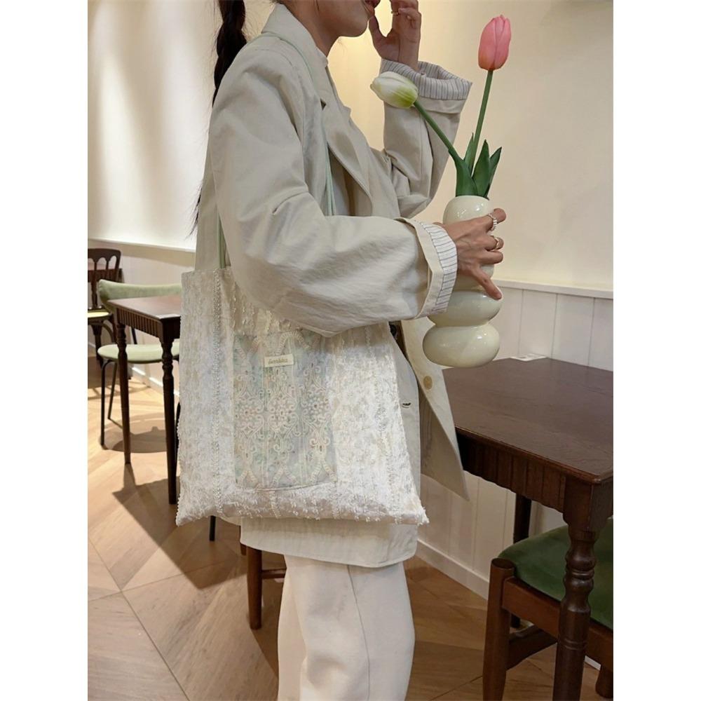 Pearl Light Niche Design Canvas Bag Large-capacity Commuter Bag Lace Hand-held Shoulder Bag for Girls