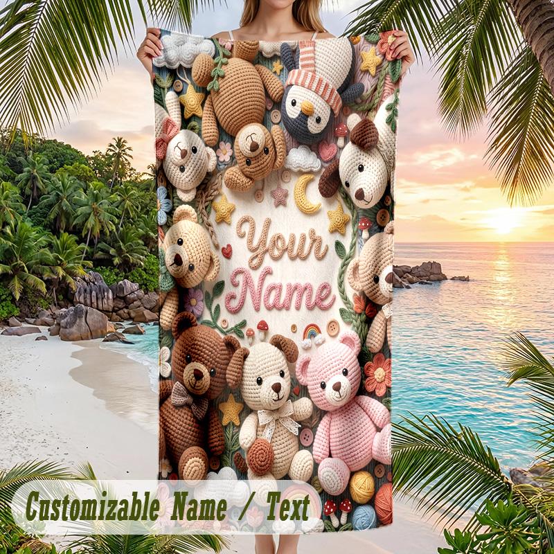 Teddy Bear Theme Beach Towel Personalized Custom Name & Text Soft Quick Dry Beach Towel for Swimming Travel
