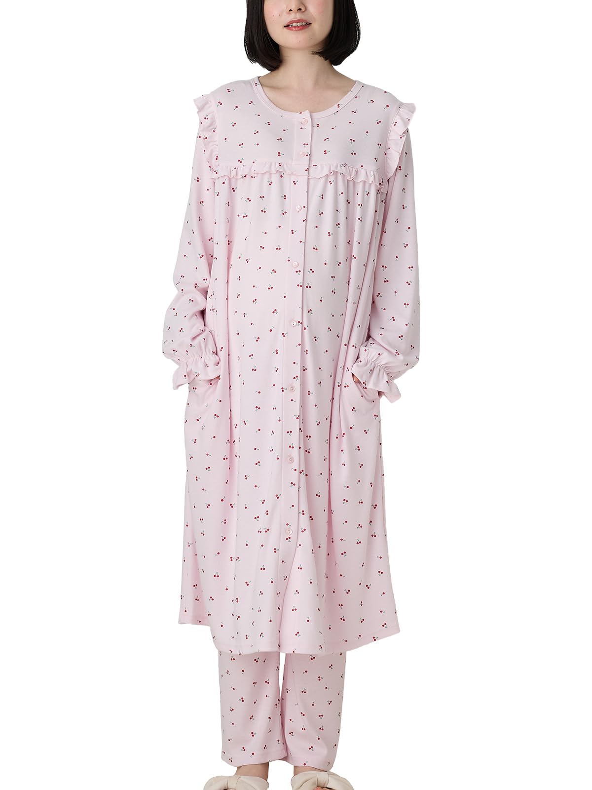 

Maternity Open Cotton Smooth Cherry Long Can Be Coordinated with Parents and Prenatal and LL Pink [ANGELIEBE] Pajamas, Front, Blend, Soft, Print, розовый