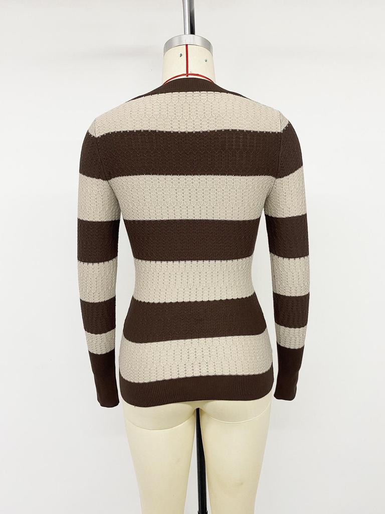 2026 Autumn Winter Slim-fit V-neck Stripe & Wave Pattern Long Sleeve Knit Sweater for Women