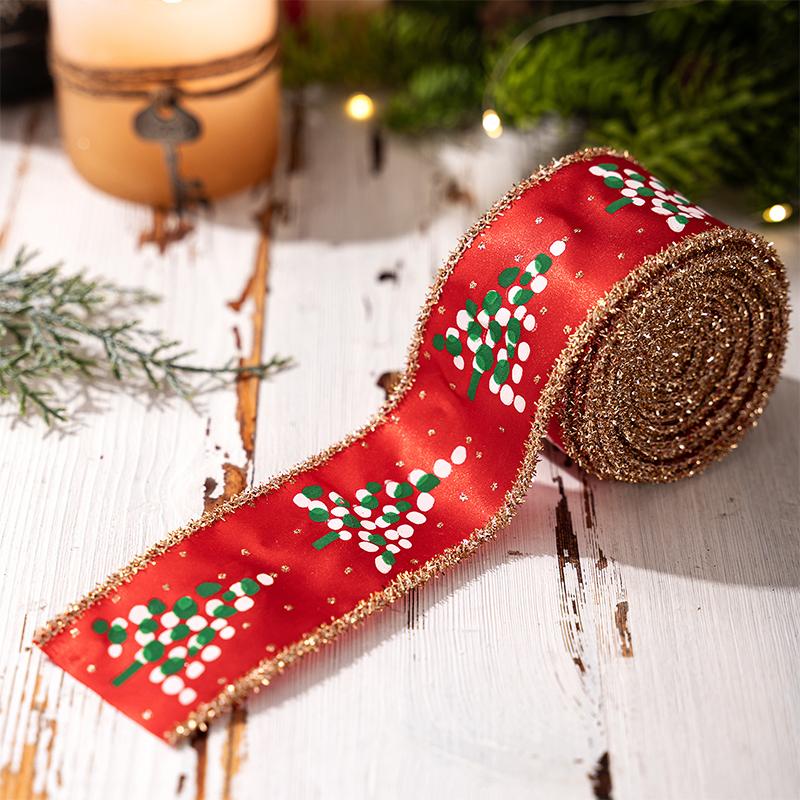 1PC Small Tree Pattern Festive Ribbon Embroidered Christmas Satin Ribbon 5mx5cm
