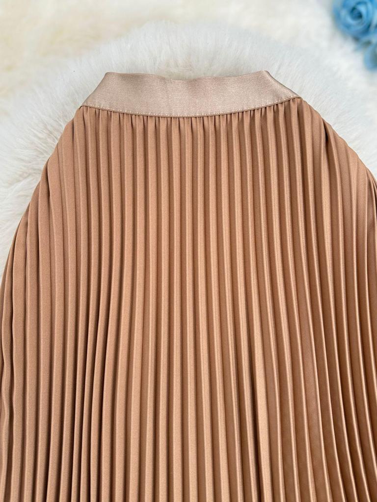 Classic High-Waist A-Line Pleated Midi Skirt - Versatile European & American Style for Women