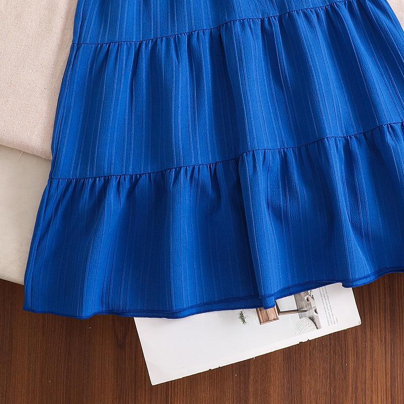 Girl's Dress Summer Dress New 8-12Y Children V-neck Bubble Sleeve Princess Dress Lace-up Dresses