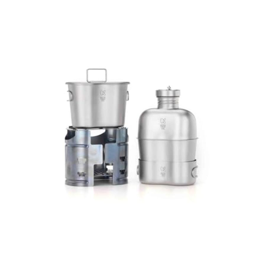 

Titanium Pro Plastic-Free Canteen Mess Kit with Stove Grade 1 Titanium Cookset 37 oz Bottle 24 oz 13.5 oz Cups Custom MOLLE Fie серебряный