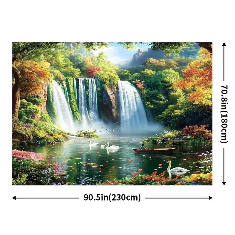 2D Waterfall Forest Lake Backdrop, Swan & Boat Nature Photography Background Cloth