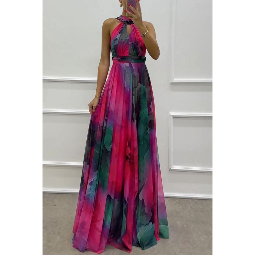 Women Halter Neck Sleeveless Printed Tie Waist Flowy Hem Dress, Casual Fashion Summer Dress for European American Women