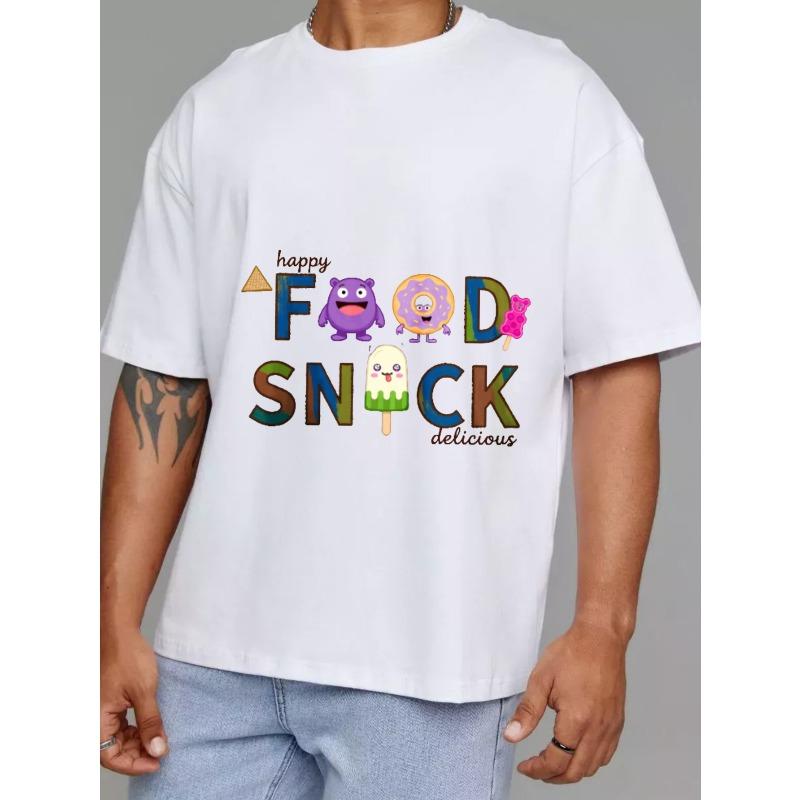 Cotton T Shirt White Happy Food Snack Delicious Cartoon Characters and Text Design for Casual Wear