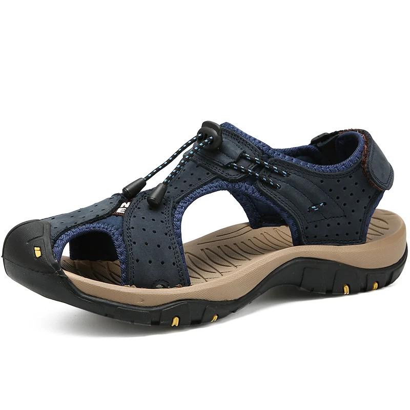High Quality Leather Outdoor Men Beach Shoes Luxury Breathable Casual Sandal New Man Wading Shoes Non-slip Wide Lining Slippers