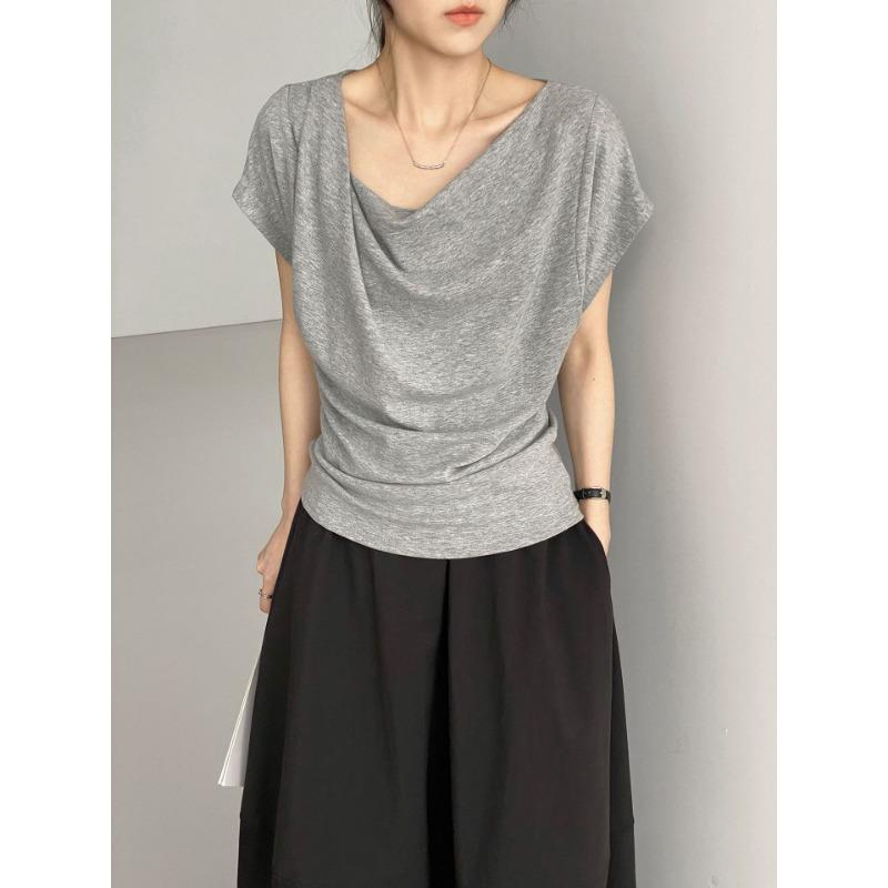 Women s Heather Gray Draped Cowl Neck Cap Sleeve Waist Ruched Slim Knit Top onesize серый