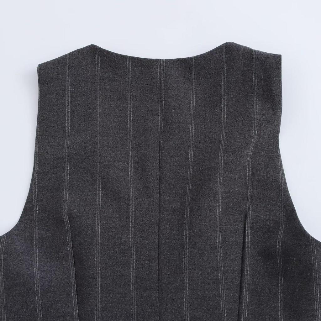 2024 Autumn Women's European & American Style Pleated Striped Vest Dress