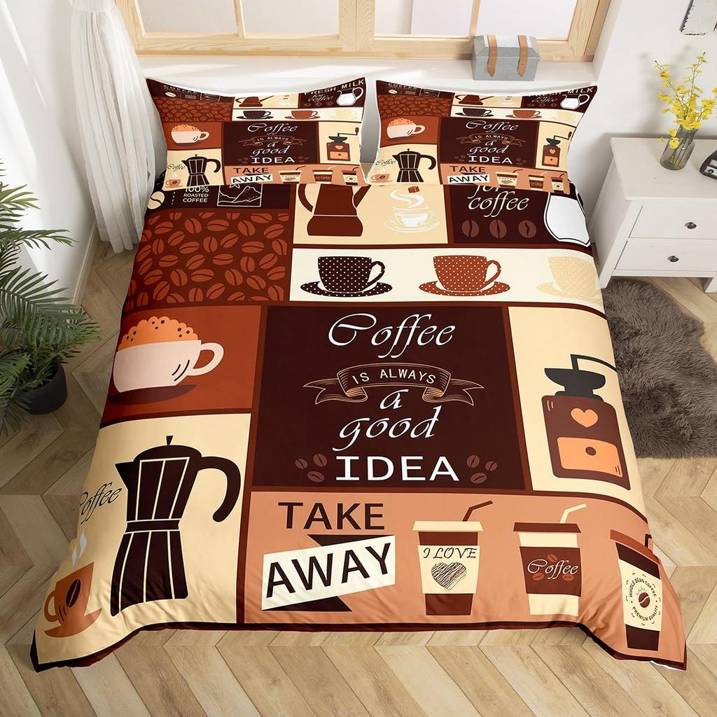 Coffee Duvet Cover Queen King Cartoon Coffee Drink Cup Print Bedding Set Coffee Lover Comforter Cover Modern Brown Quilt Cover