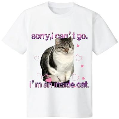 TX100% Cotton Soft Comfortable Funny Tabby Cat Sorry I Can't Go I'm An Inside Cat Text Graphic Loose Fit Casual Classic Women's Crew Neck Short Sleeve