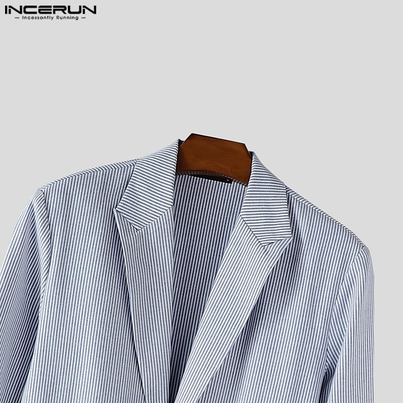 INCERUN Oversized Men Lapel Neck Long Sleeve Striped Loose Long Rompers Jumpsuits