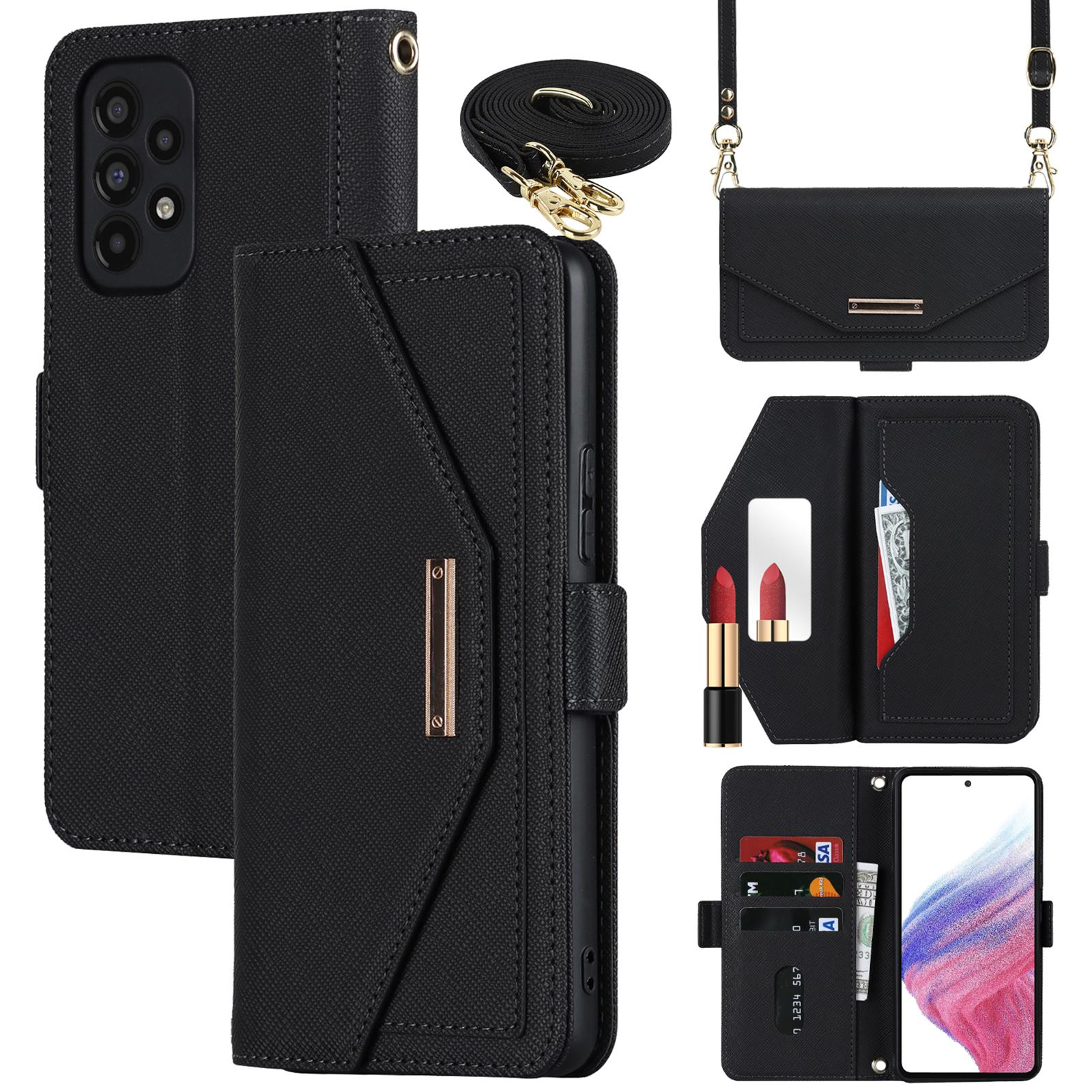 

For Samsung Galaxy A53 5G Stand Case Cross Texture PU Leather Wallet Phone Cover with Shoulder Strap/Makeup Mirror Black