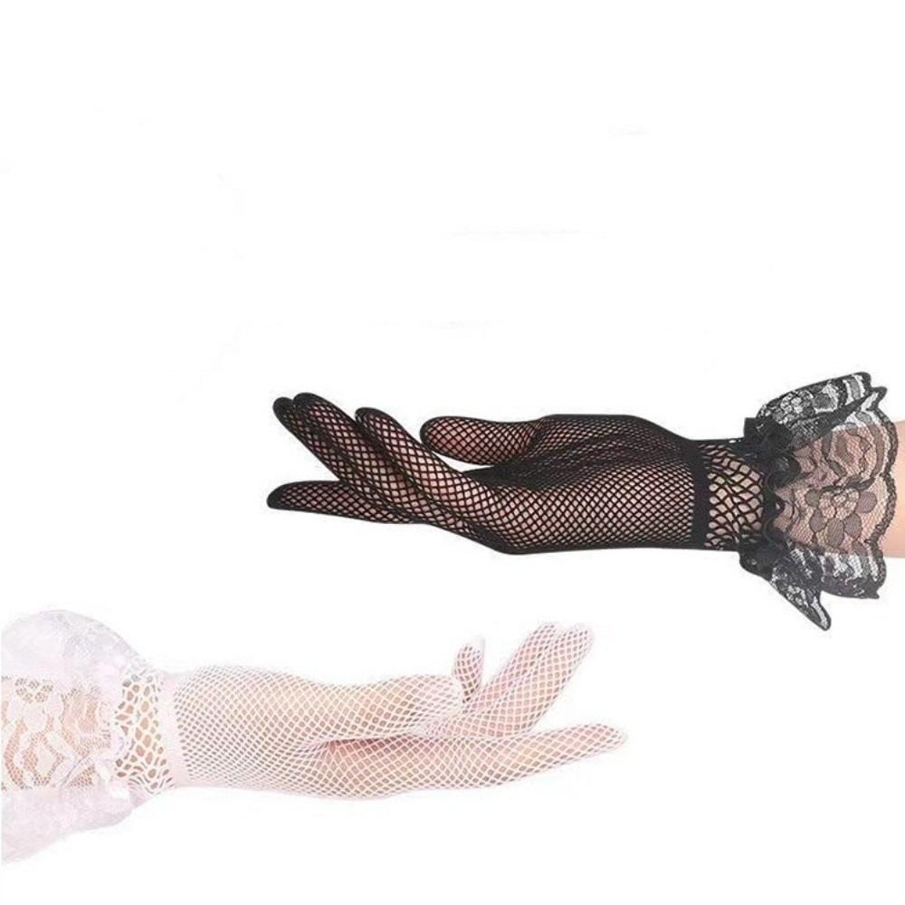 Soft Ruffle Lace Mittens Hollow Out Full Finger Lolita Lace Gloves Thin Mesh Driving Gloves