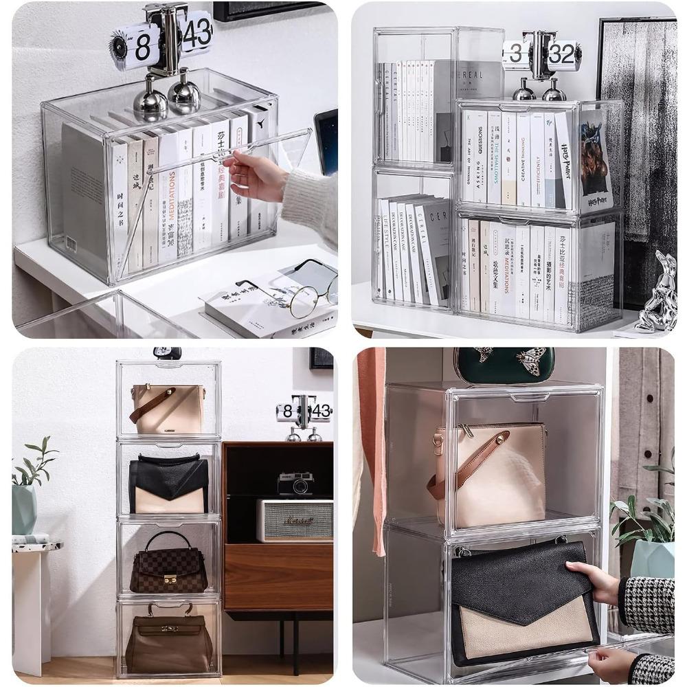 Clear Stackable Plastic Storage Bins with Magnetic Lid, Dustproof Book & Cosmetic Display Cases, Large Figures Collectibles
