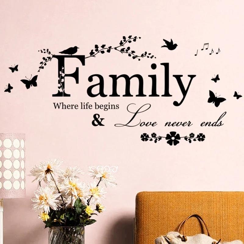 Familie Kjærlighet Never Ends Sitat Vinyl Veggklistremerke Veggdekor Bokstaver Kunst Ord Klistremerker Hjemmeinnredning Bryllupsdekorasjon Plakat