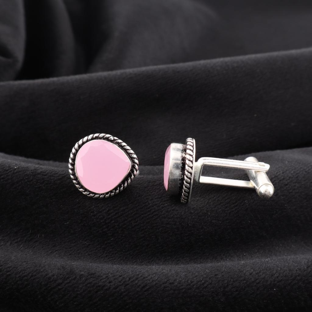 Rose Chalcedony Gemstone 925 Sterling Silver Jewelry Handcrafted Cufflinks 0.62" CL-8-18
