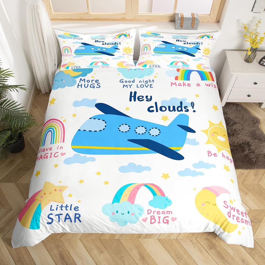 Jungen Kinder Cartoon Flugzeug Bettbezug Regenbogen Wolken Sternenhimmel Kleinkind Bettwäsche Set Flugzeuge Niedlich Weiß Polyester Steppdeckenbezug