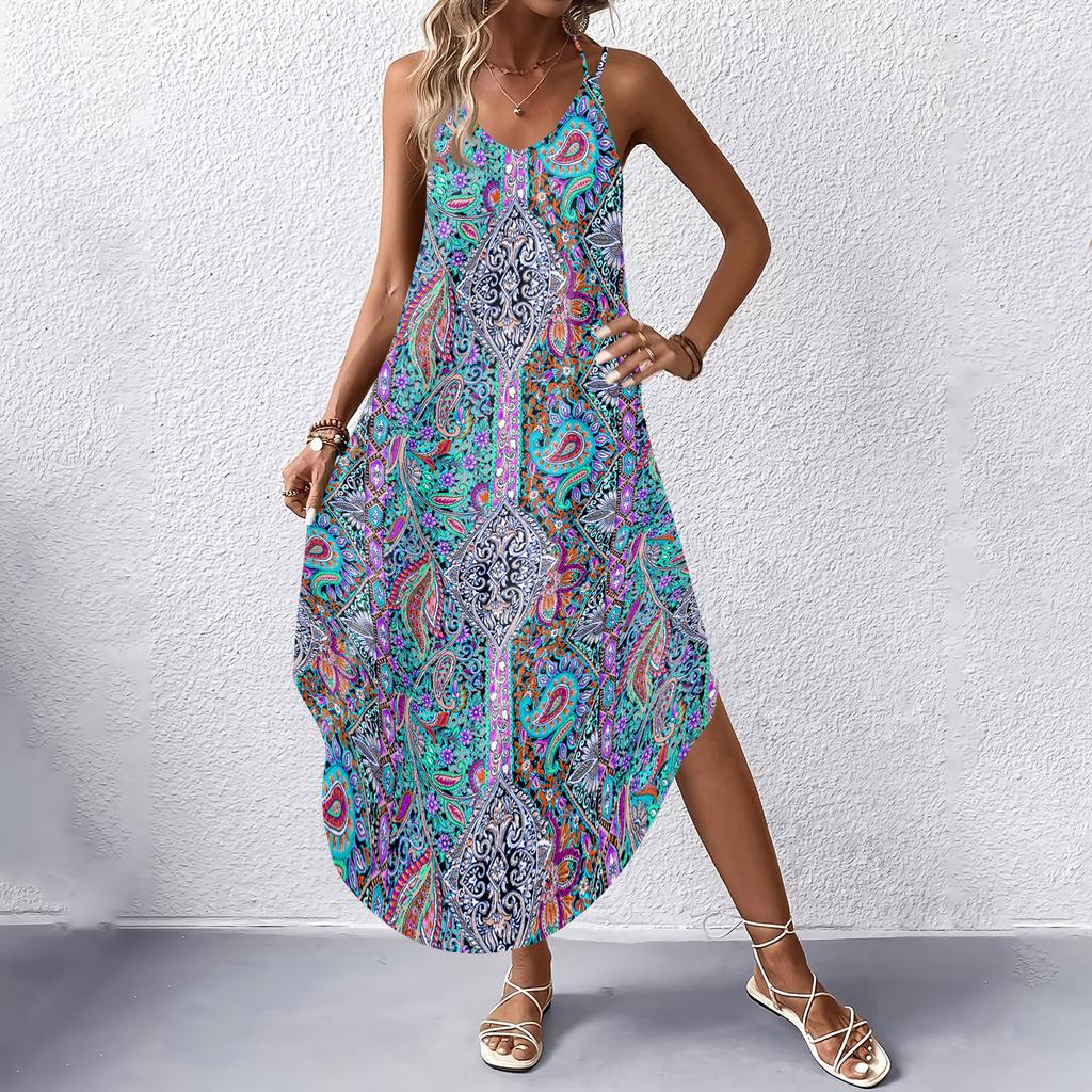 Women's Fashion Casual V-neck Sleeveless  Dresses Print Dresses Beach Long Dresses
