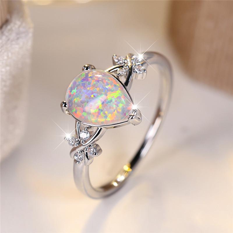 Luxury Female White Fire Opal Stone Engagement Ring Trendy Silver Color Water Drop Wedding Jewelry Gift For Women