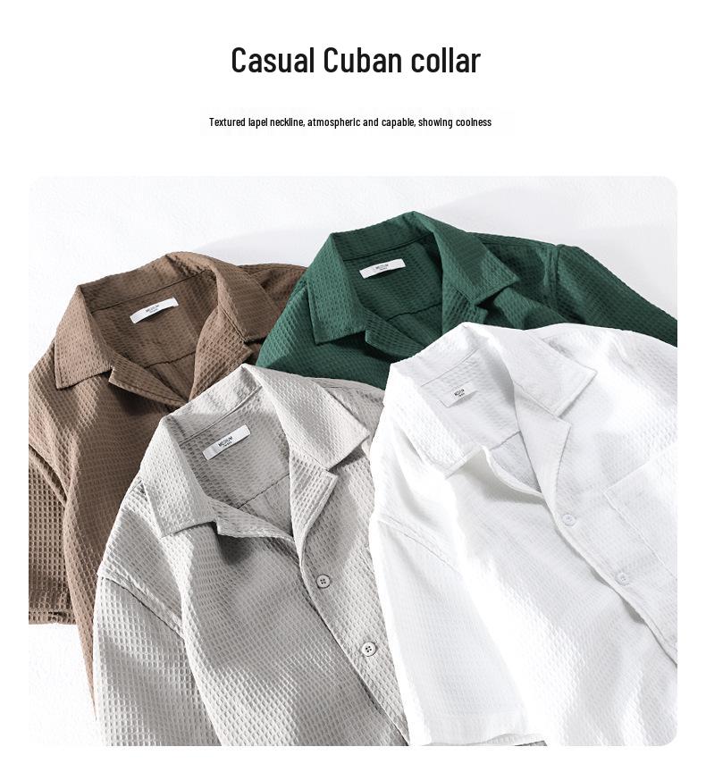 Men's Summer Waffle Short Sleeve Cuban Collar Shirt - Trendy, Comfortable, Versatile