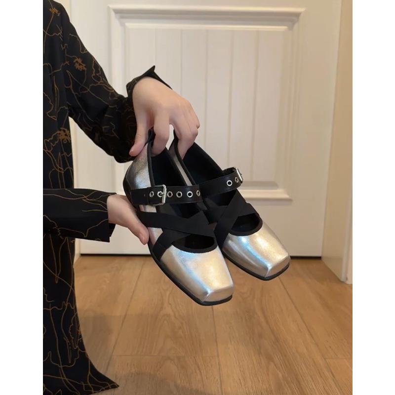 Sheepskin~ Silver French retro leather shoes versatile cross-strap Mary Jane shoes women's flat-bottomed light-mouth single shoes
