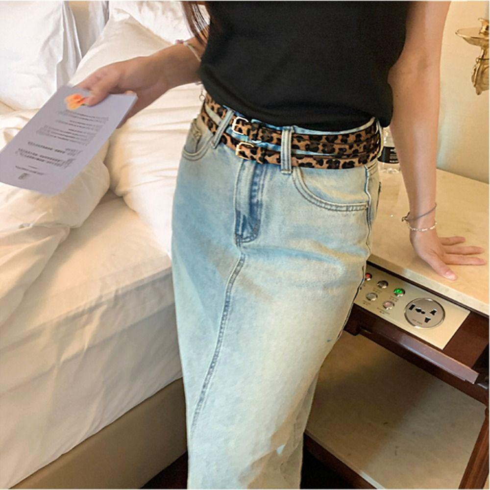 Metal Buckle Leopard Pattern Belt Slim Side Dress Decoration Elegant Thin Waist Belt  Ladies/Girls
