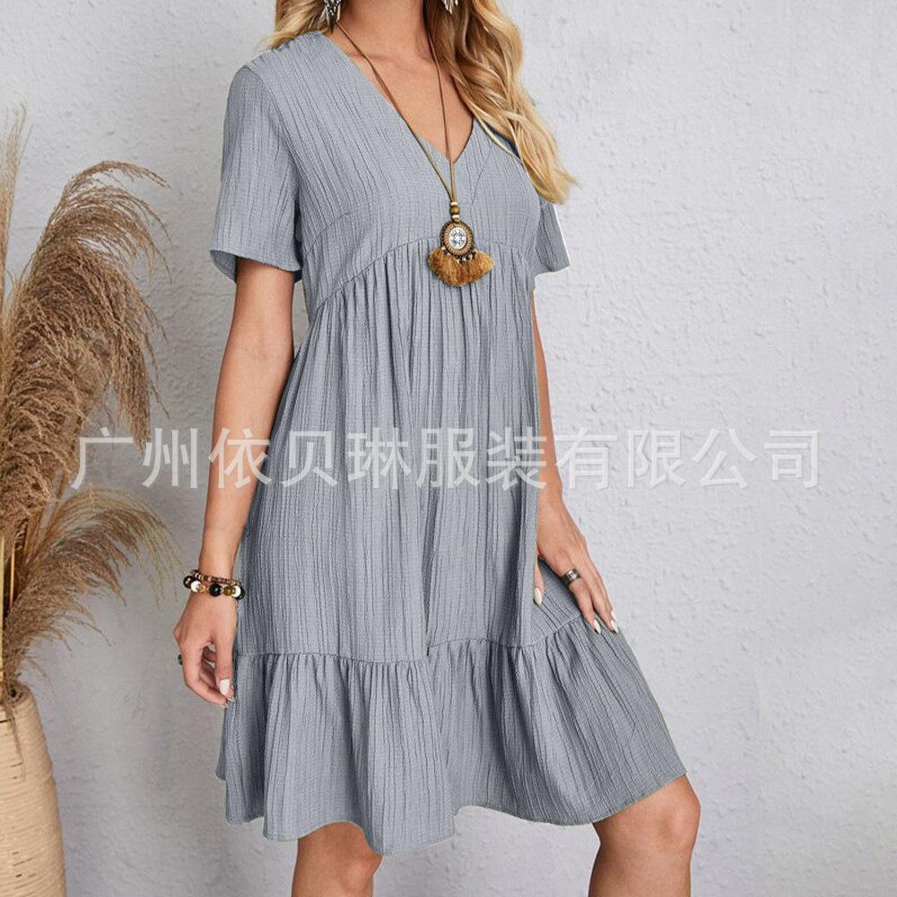 Stylové dámské šaty v blízkovýchodním stylu, s výstřihem do V, jednobarevné, elegantní, volného střihu, zakrývající břicho, na dovolenou, retro, niche design, krátký rukáv