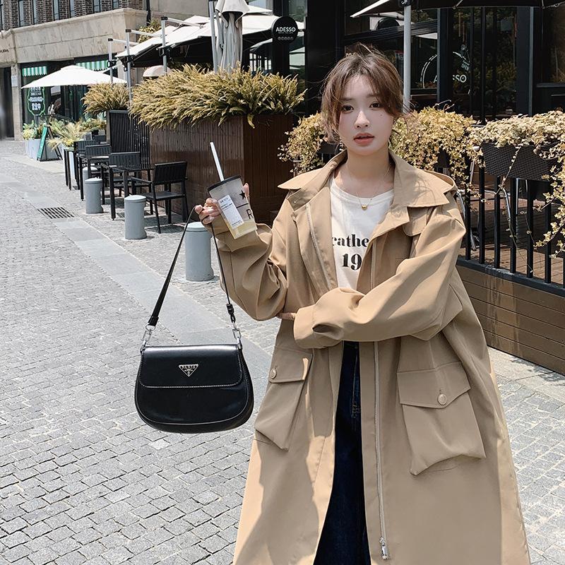 Khaki Hooded Windbreaker Coat Women's Long-cut Spring and Autumn Korean Style Large Size Versatile Casual Coat