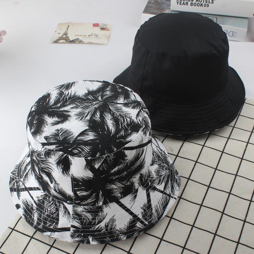 1 Pcs Cotton Summer Fisherman Sun Hat Unisex Double-sided Printing Black Coconut Tree Outdoor Beach Travel Sunshade Hiking Hat