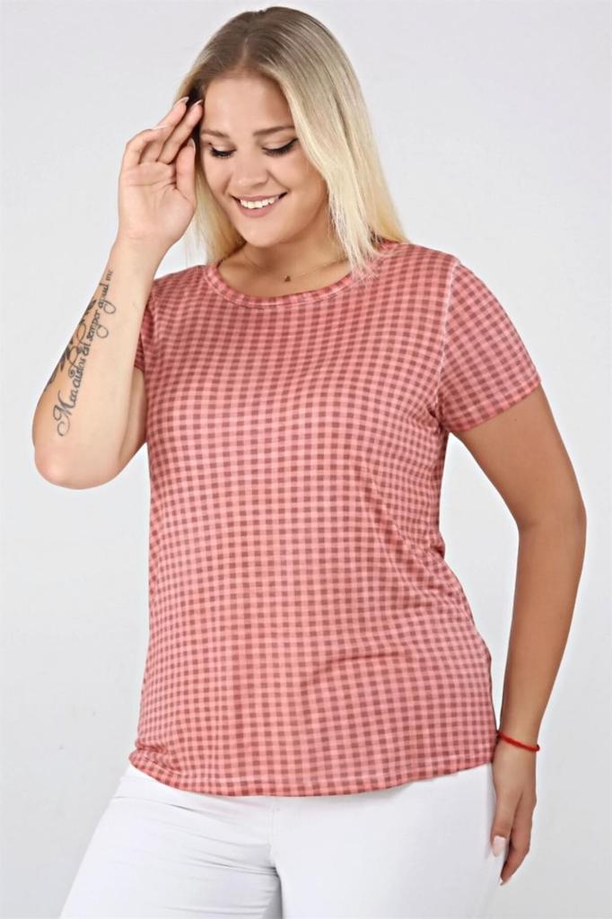 Damen Stil Große Größe T-Shirt Karomuster Ölwaschung Basic T-Shirt-Blau