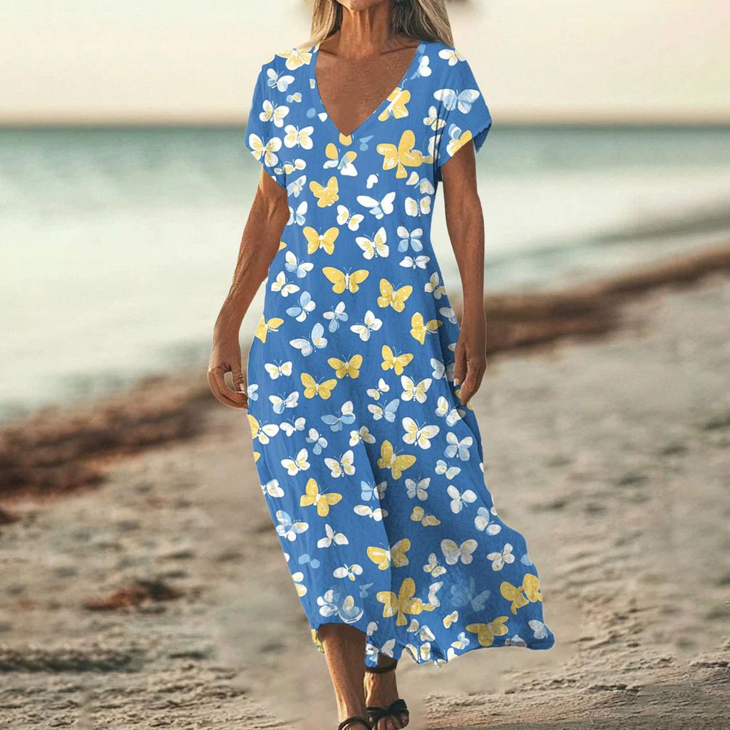 Modna damska letnia sukienka plażowa z bawełny i lnu z krótkim rękawem i dekoltem w serek w stylu vintage z kwiatowym nadrukiem