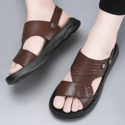 023 Summer New Sandals Men ' S Cowhide Casual Beach Shoes Genuine Leather Thick Sole Anti Slip Male Open Toe Shoes Black Brown