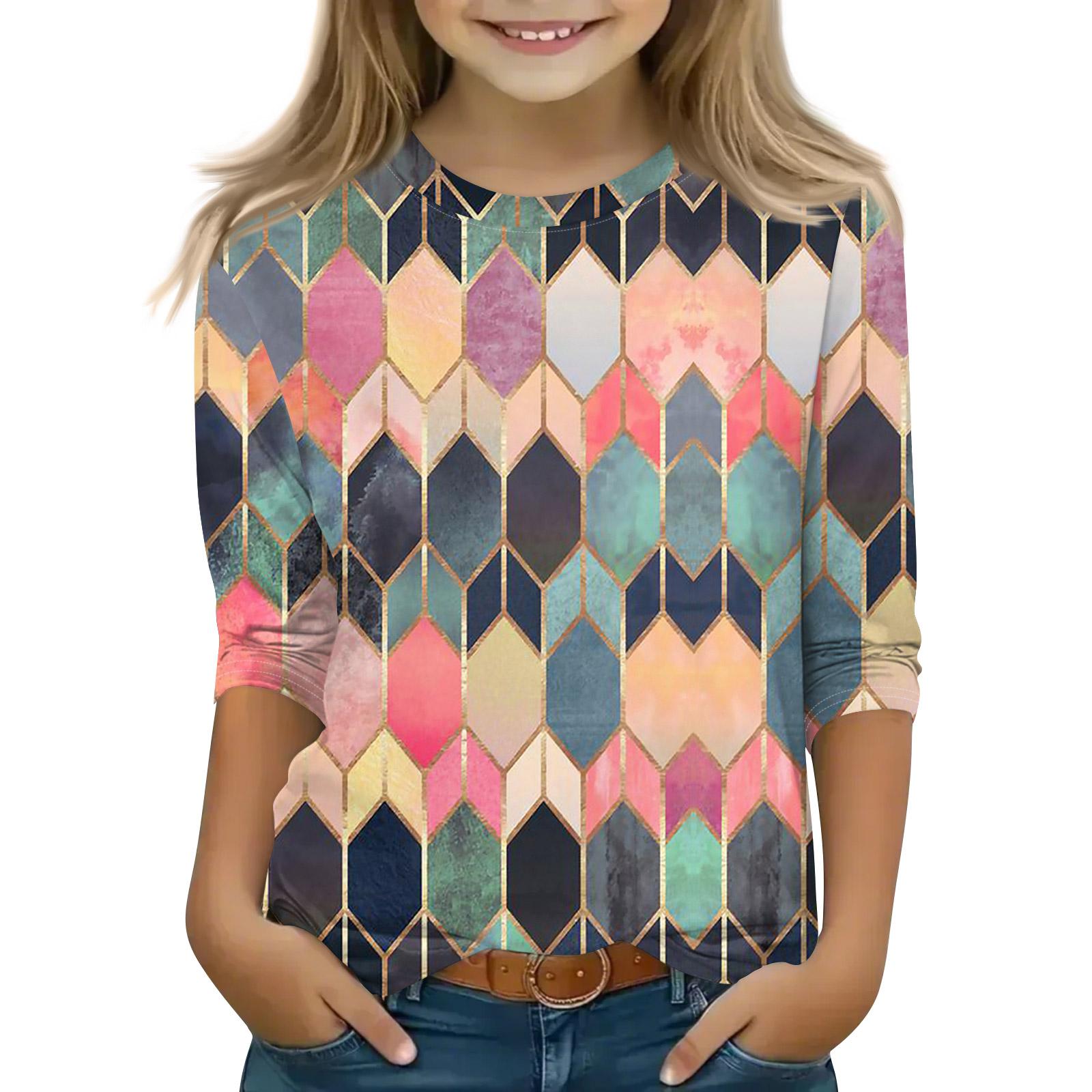 

Топы с принтом для девочек 5-16 лет с круглым вырезом и рукавами 3/4 Футболки Модные топы Наряды Футболки 140 розовый