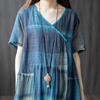 AOLIPT Long Summer Checkered Long Short Loose Plus Natural Women's Dress, Cotton-Linen Dress, Length, Sleeves, V-Neck, Fit, Sizes, Slimming, (M Blue)
