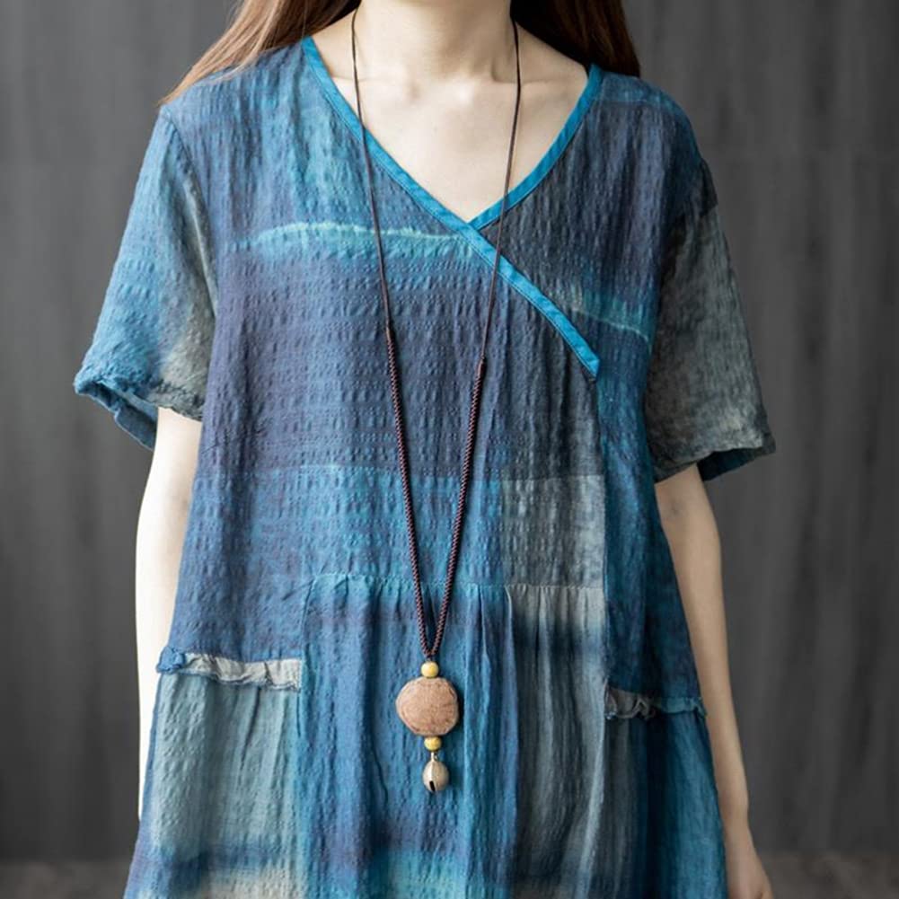 AOLIPT Long Summer Checkered Long Short Loose Plus Natural Women's Dress, Cotton-Linen Dress, Length, Sleeves, V-Neck, Fit, Sizes, Slimming, (M Blue)