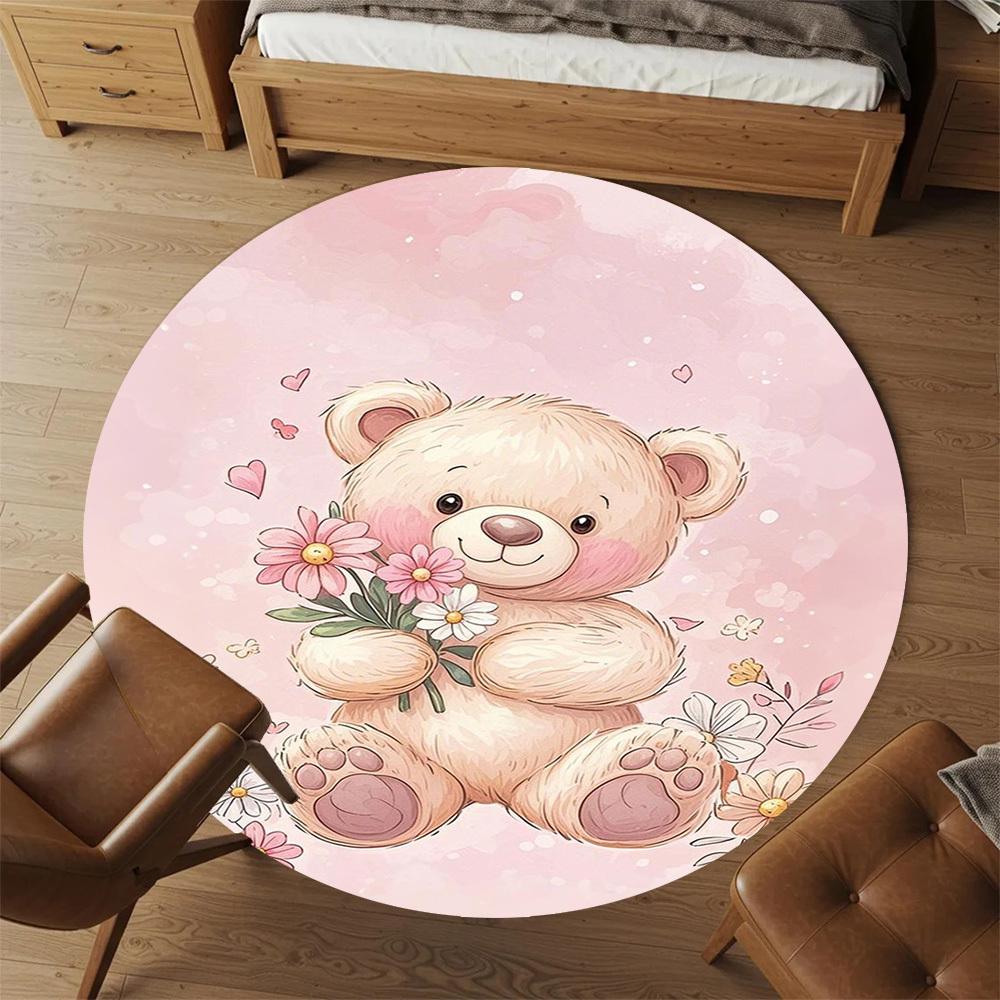 1PC Teddy bear Flowers Round Chair mat Area Rug - Non-Slip, Floor Mat for Office, Bedroom, home decor Christmas Gift c0528068