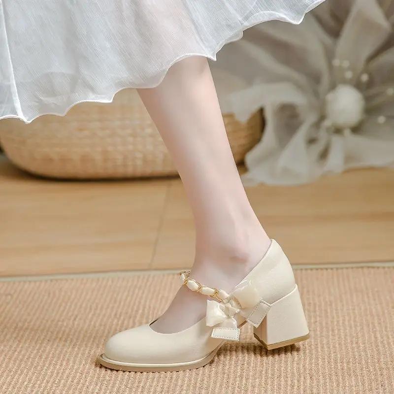 

Fashion Gothic Round Toe Pumps on Heeled Shoes for Women Beige High Heels Japanese Style Lolita Mary Jane with Bow Woman Footwear Square 40