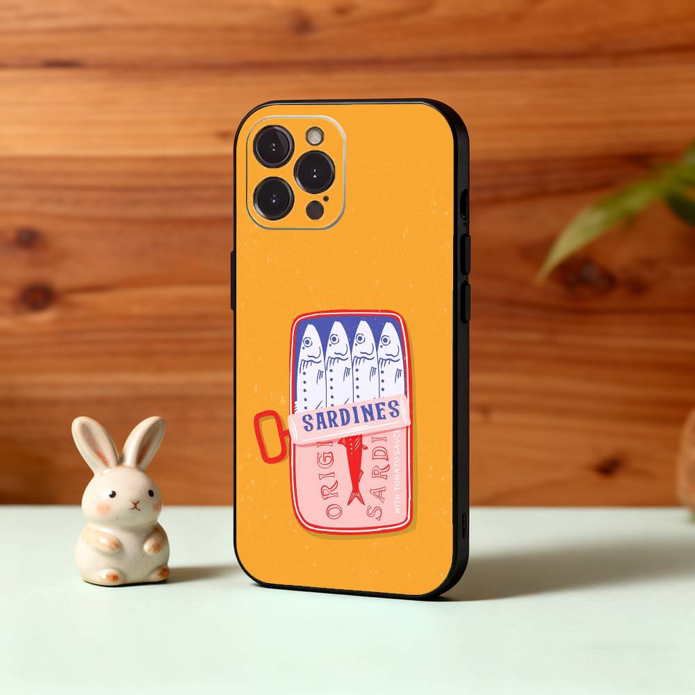 V-Vintage Canned Sardines Phone Case For iPhone17,16,15,14,13,12Plus,Pro Max,XS,5G Soft Silicone Black Cover