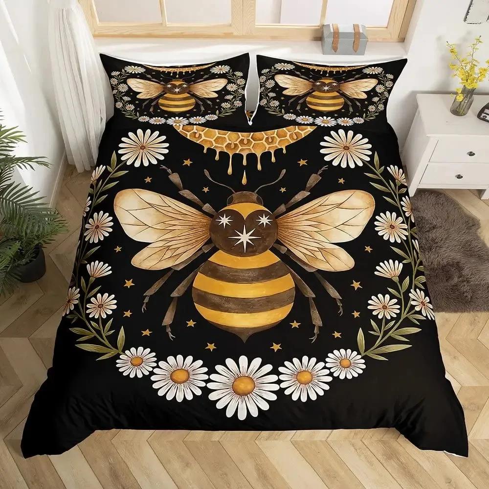 Bee And Butterfly Duvet Cover Set,Spring Floral Bedding Sets For Boys Girls,Colorful Flowers Country Style Comforter Cover Queen
