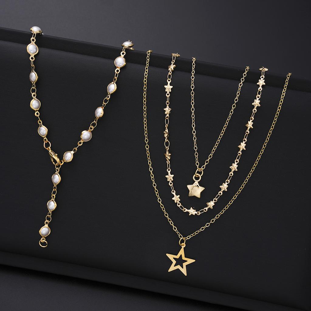 4pcs Fashion Simple Elegant Star Pendant Necklace Set Retro Pearl Y-Shaped Long Chain Necklace for Women Daily Wear Jewelry Gift