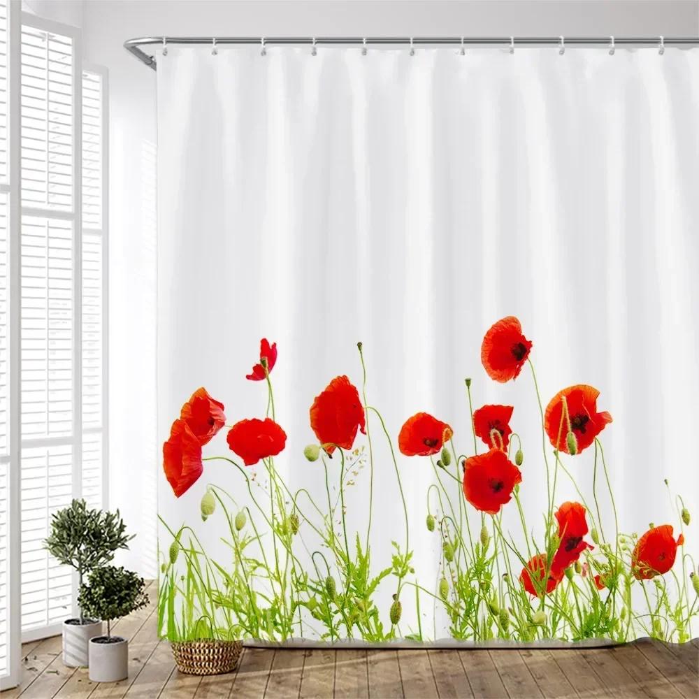Ensemble de Rideaux de Douche Floraux Peints à la Main Fleurs Aquarelle Plantes Coquelicots Papillon Simple Polyester Décor de Salle de Bain Nordique Crochets