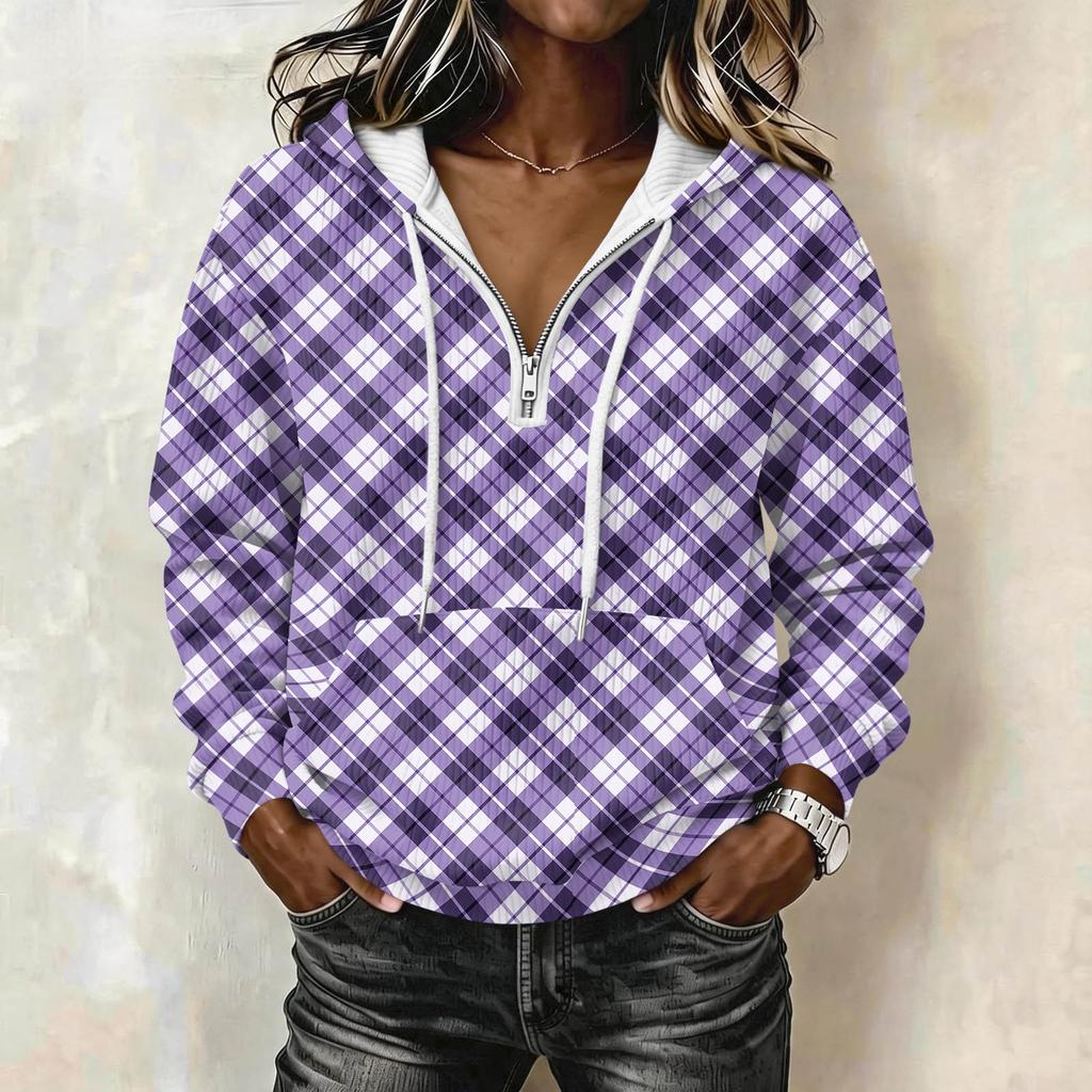 Women's Long Sleeve Drawstring Hoodie with Striped Plaid Print Pullover Sweatshirt