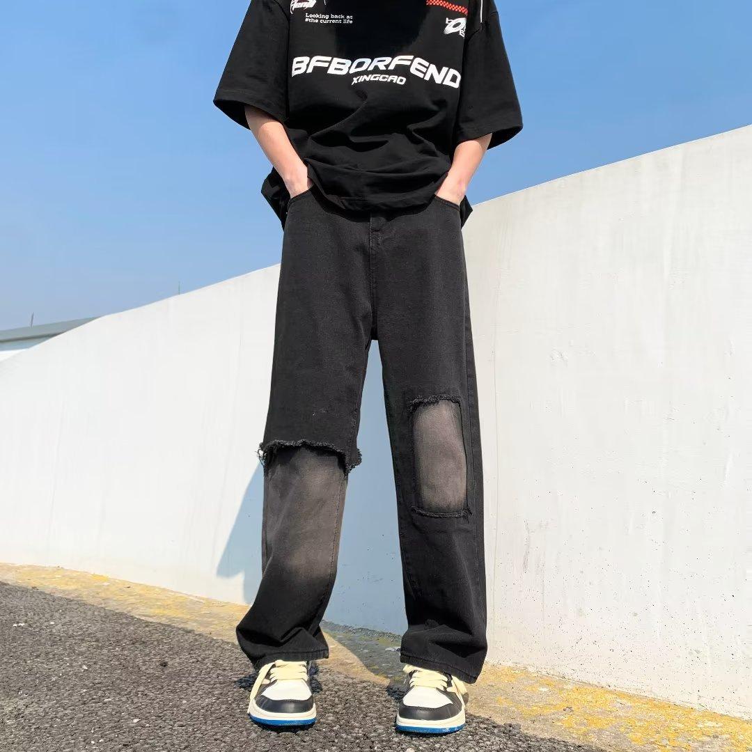 JYL Унисекс Прямые Джинсы Гонконгский Стиль Градиентный Пэч Необработанный Край Свободные Повседневные Деним S