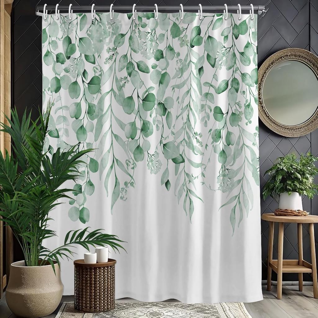 Rustic Brown Leaf Shower Curtain with Hooks, Watercolor Botanical Eucalyptus Bathroom Decor, Boho Farmhouse Waterproof Polyester