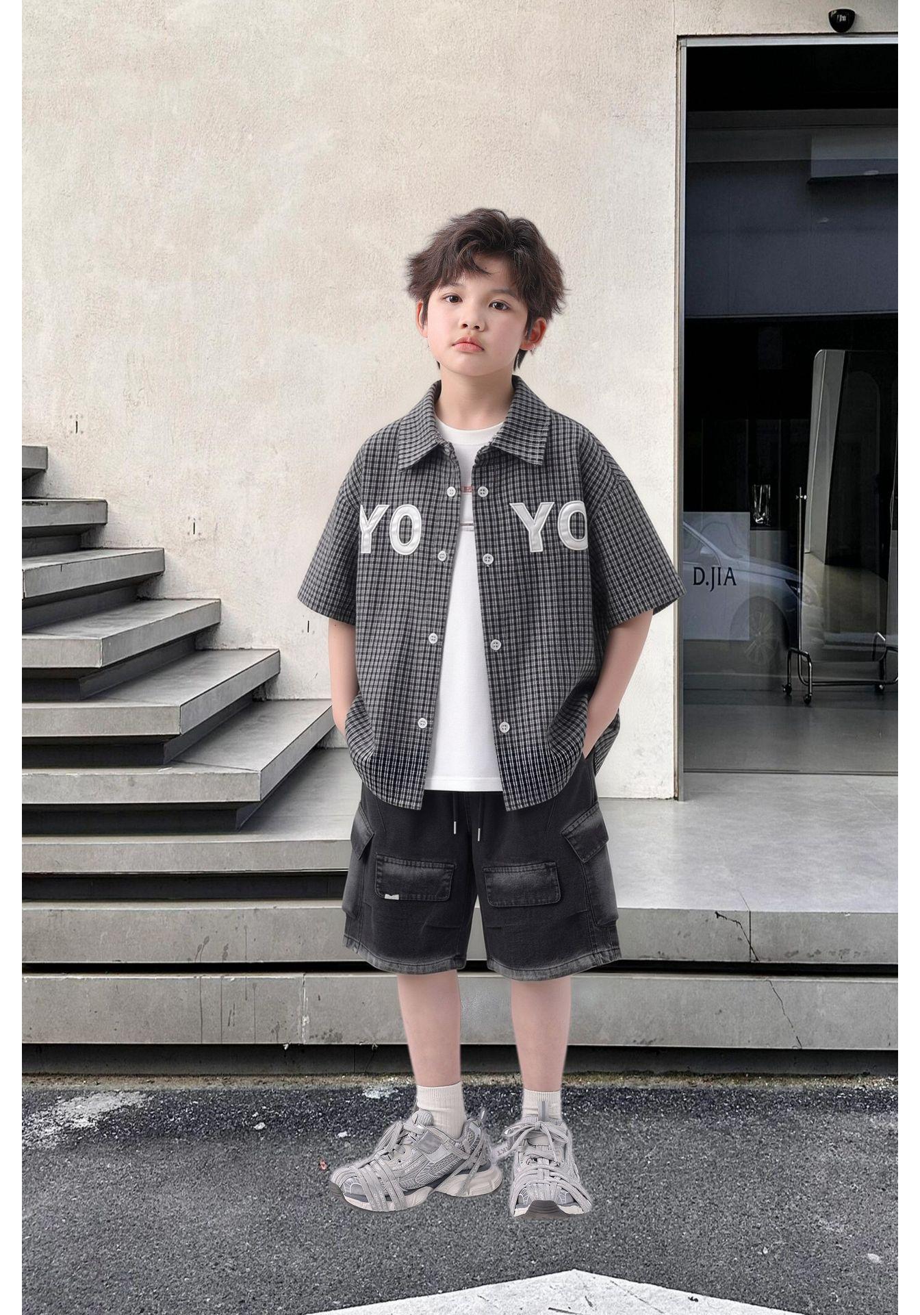 Retro Japanese Plaid Letter Short-Sleeve Shirt - Summer 2026 Boys Trendy Casual Wear 120 cm